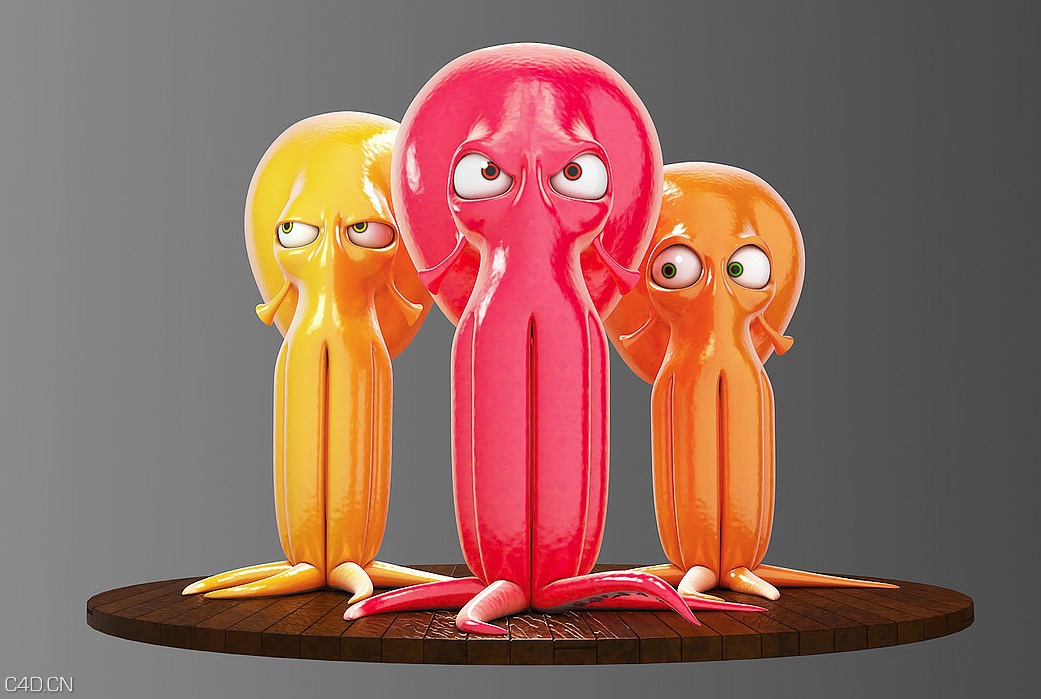 章鱼卡通角色C4D模型 Squid trio 3d model