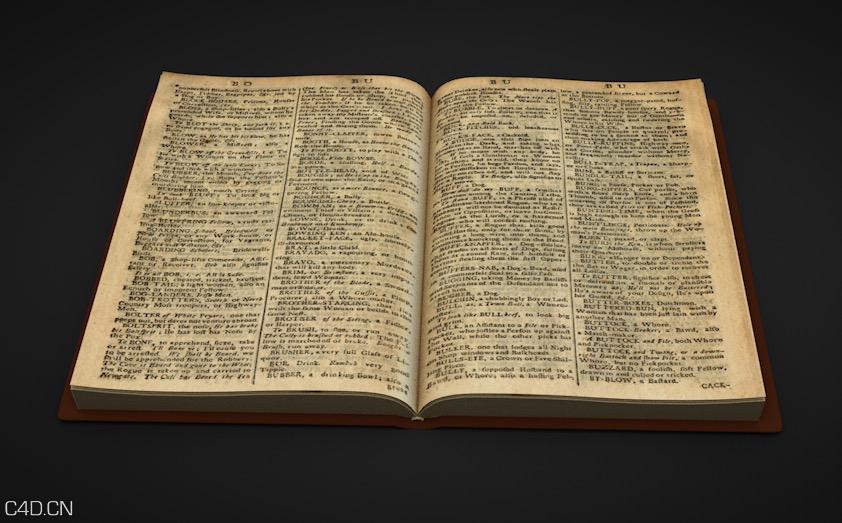 翻开的黄色英文书籍C4D模型 English books 3d model