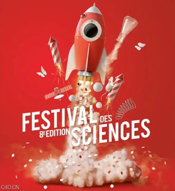 C4D/PS制作卡通火箭发射创意海报教程 creative poster