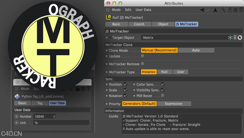 C4D克隆,骨骼,矩阵跟踪插件 JS MoTracker