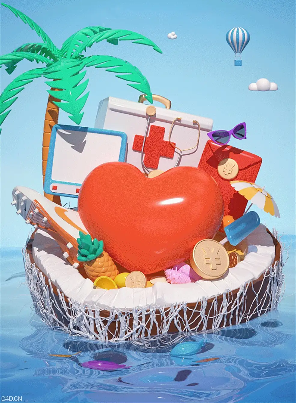 卡通海洋椰壳平安救护创意海报动画（杨帆原创工程）