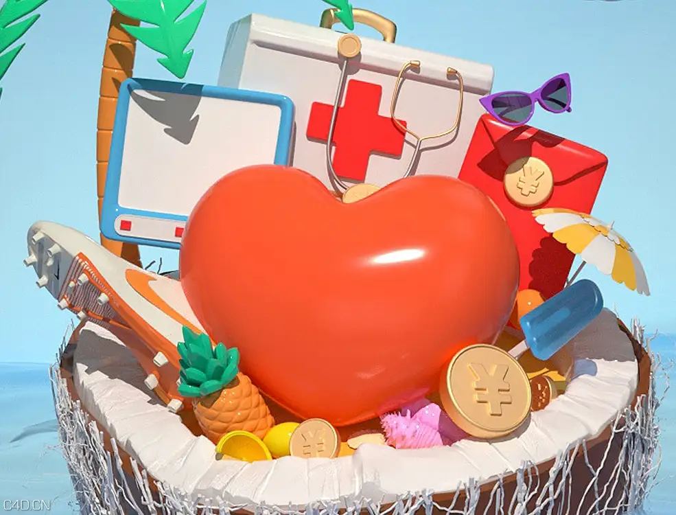 C4D海洋椰岛平安动态海报教程（C4D杨帆原创教程）