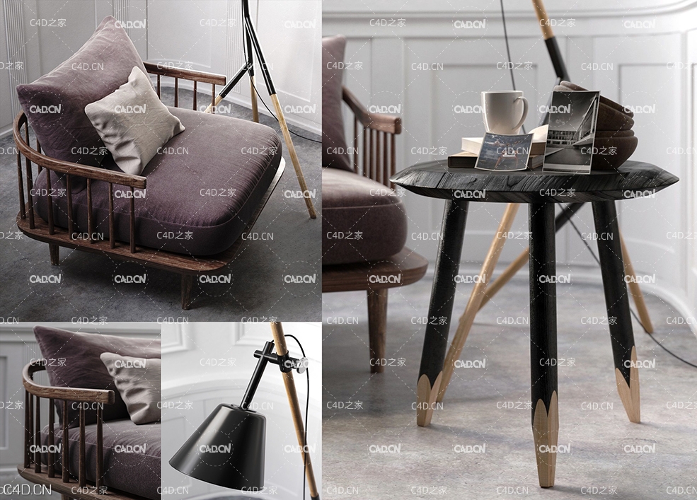 C4D室内模型渲染：欧式书房沙发一角 indoor