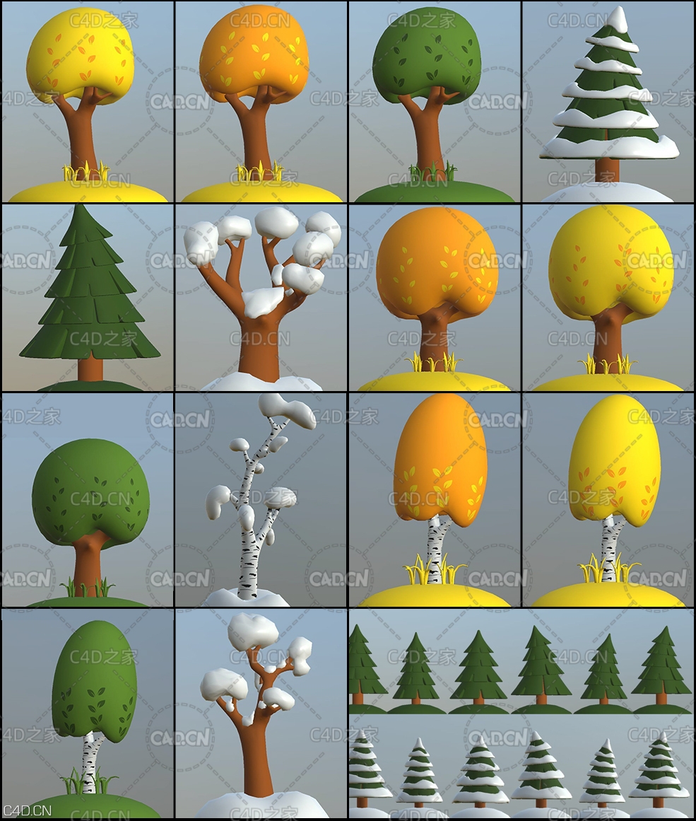 4套C4D卡通树木模型合集 Cgtrader - Cartoon trees pack Low-poly 3D model