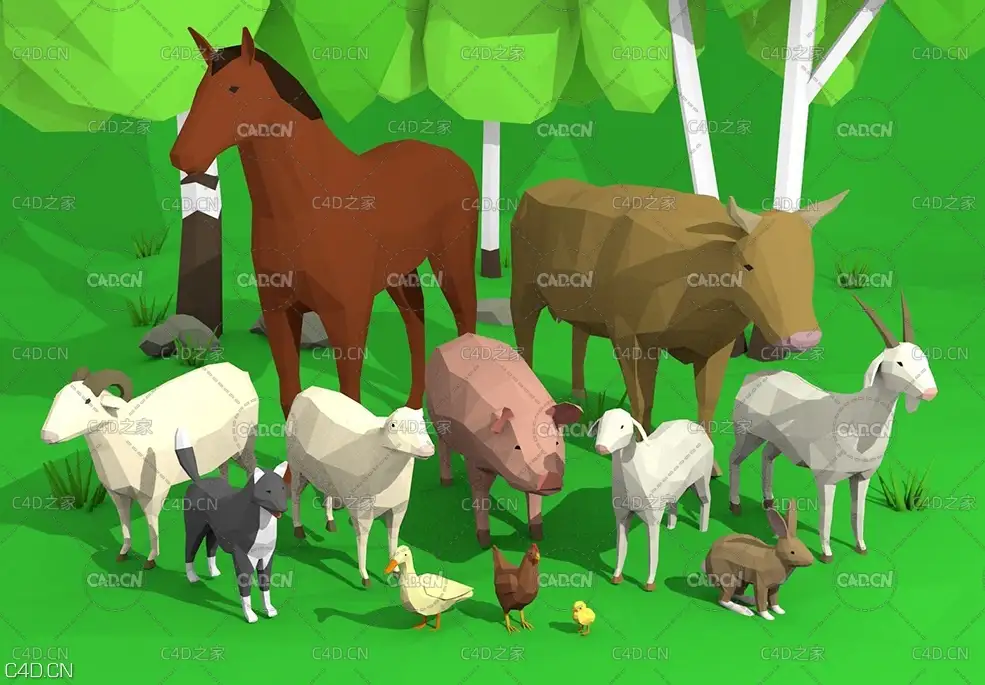 12个家畜低面多边形C4D模型Domestic animals rigged pack VR / AR / low-poly 3dmodel