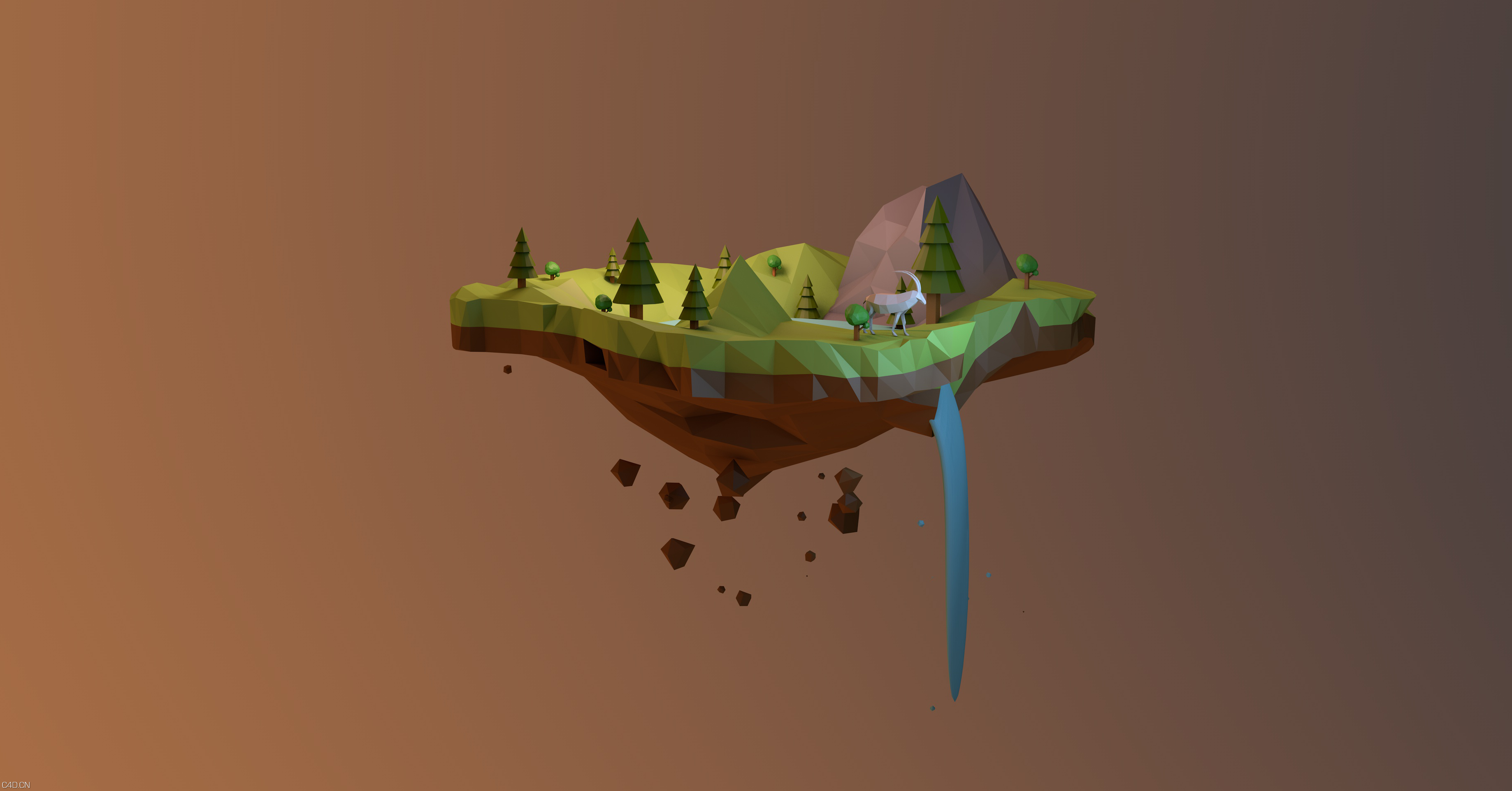 低平面空岛 - C4D之家 - 渐变小岛（暖）1.png