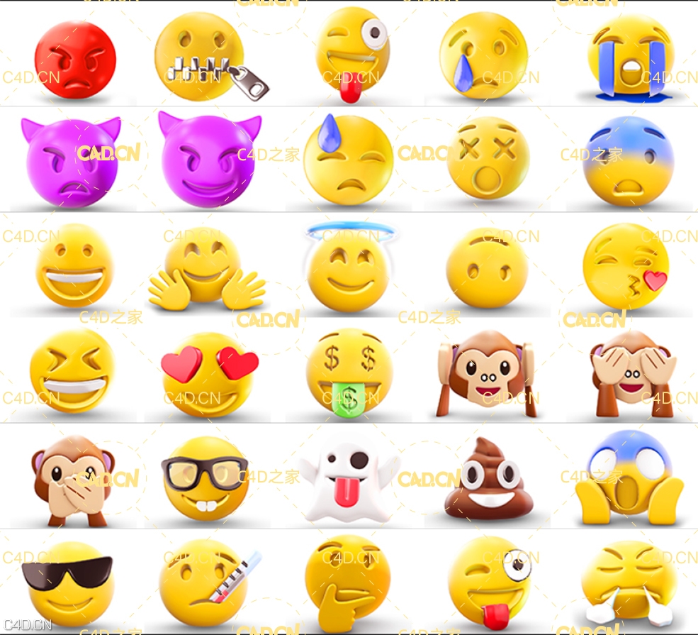 32个可爱的Emoji表情包3D模型合集（GIF/PNG/OBJ）