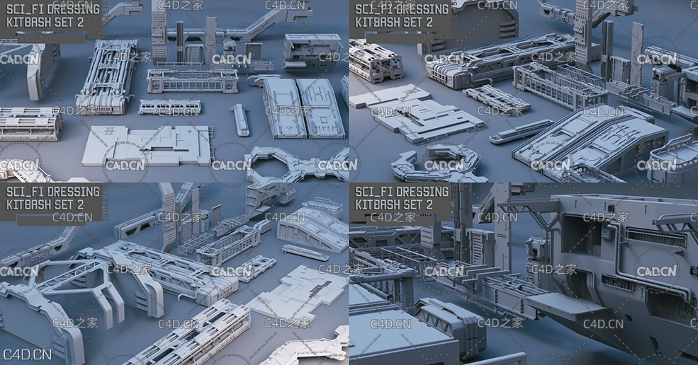 科幻风格建筑 机械 飞船结构C4D模型包 Scifi dressing kitbash set 2 3D asset