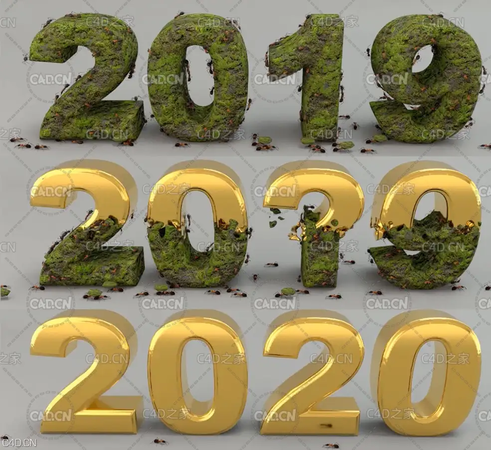 C4D蚂蚁侵蚀2019变换成2020金色文字教程 How to use Fields with Volume Builder