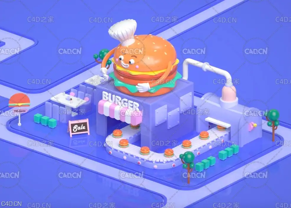 C4D卡通汉堡商店多边形建模渲染中文案例教程