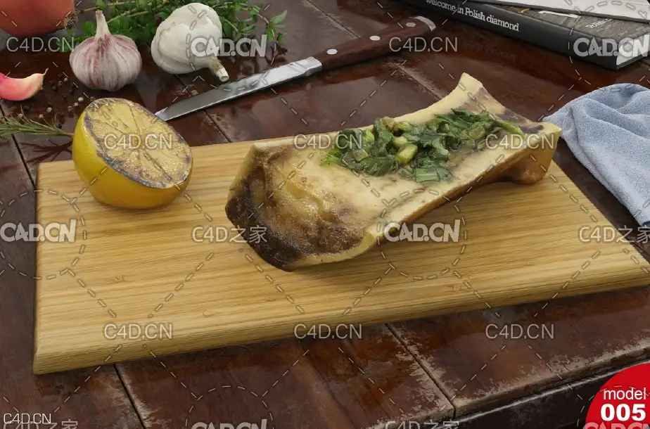 西餐：烤柠檬 烤牛骨髓C4D模型 Roast beef bone marrow