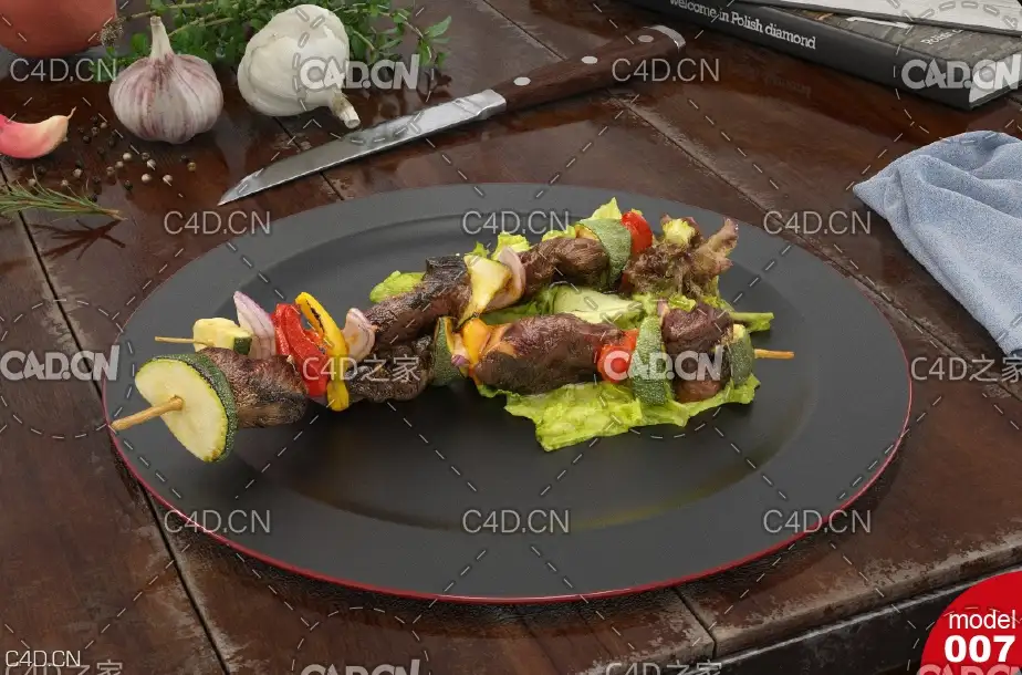 西餐：蔬菜肉串C4D模型 Meat string