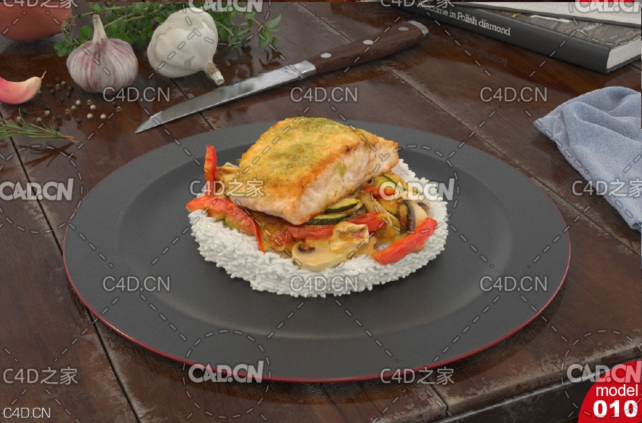 西餐：烤肉扒饭C4D模型 Barbecue rice