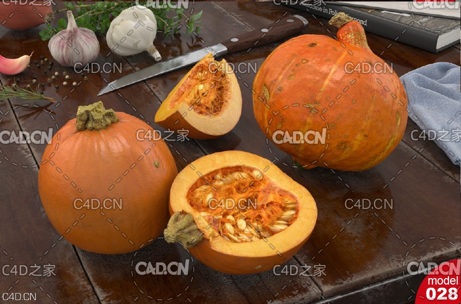 南瓜蔬菜 切开的半块南瓜C4D模型 Pumpkin