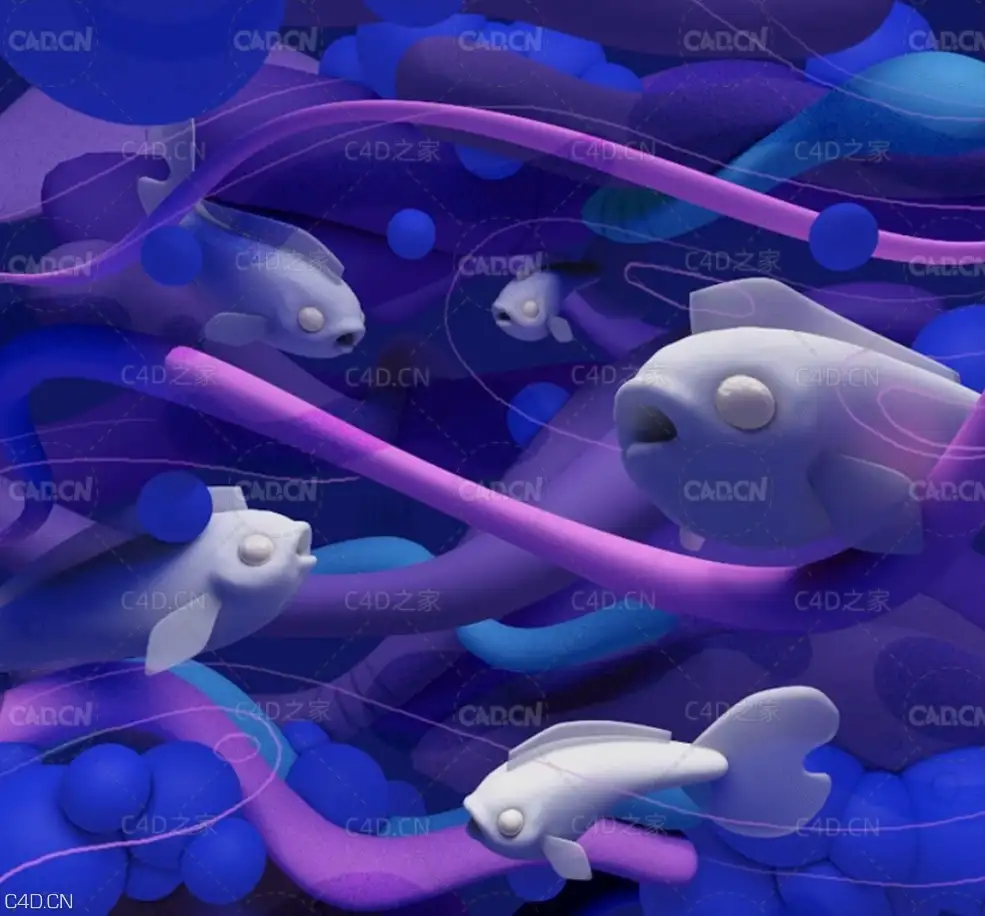 C4D+AI制作海底卡通小丑鱼插画教程 Ghost Guppies 3d Illustration in Cinema 4d