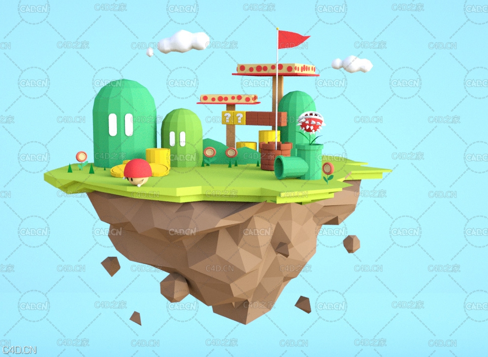 低面多边形卡通《超级玛丽》悬浮家园场景C4D模型