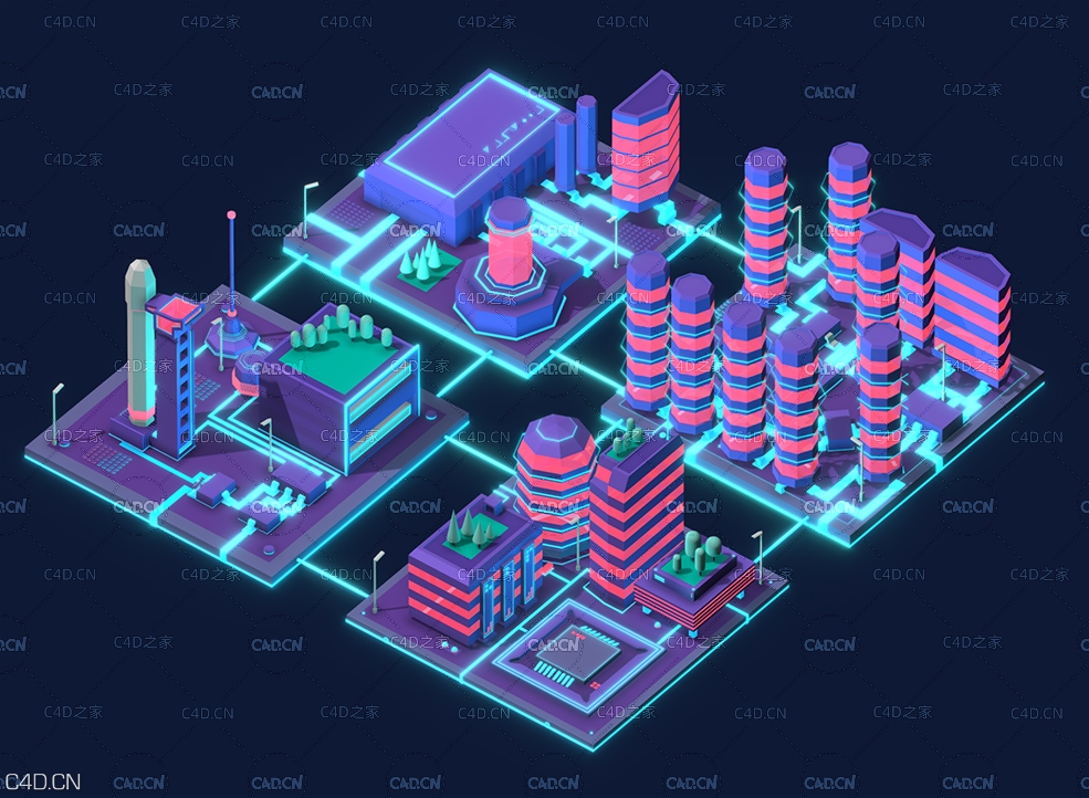 C4D低面多边形卡通科幻基地建筑场景模型