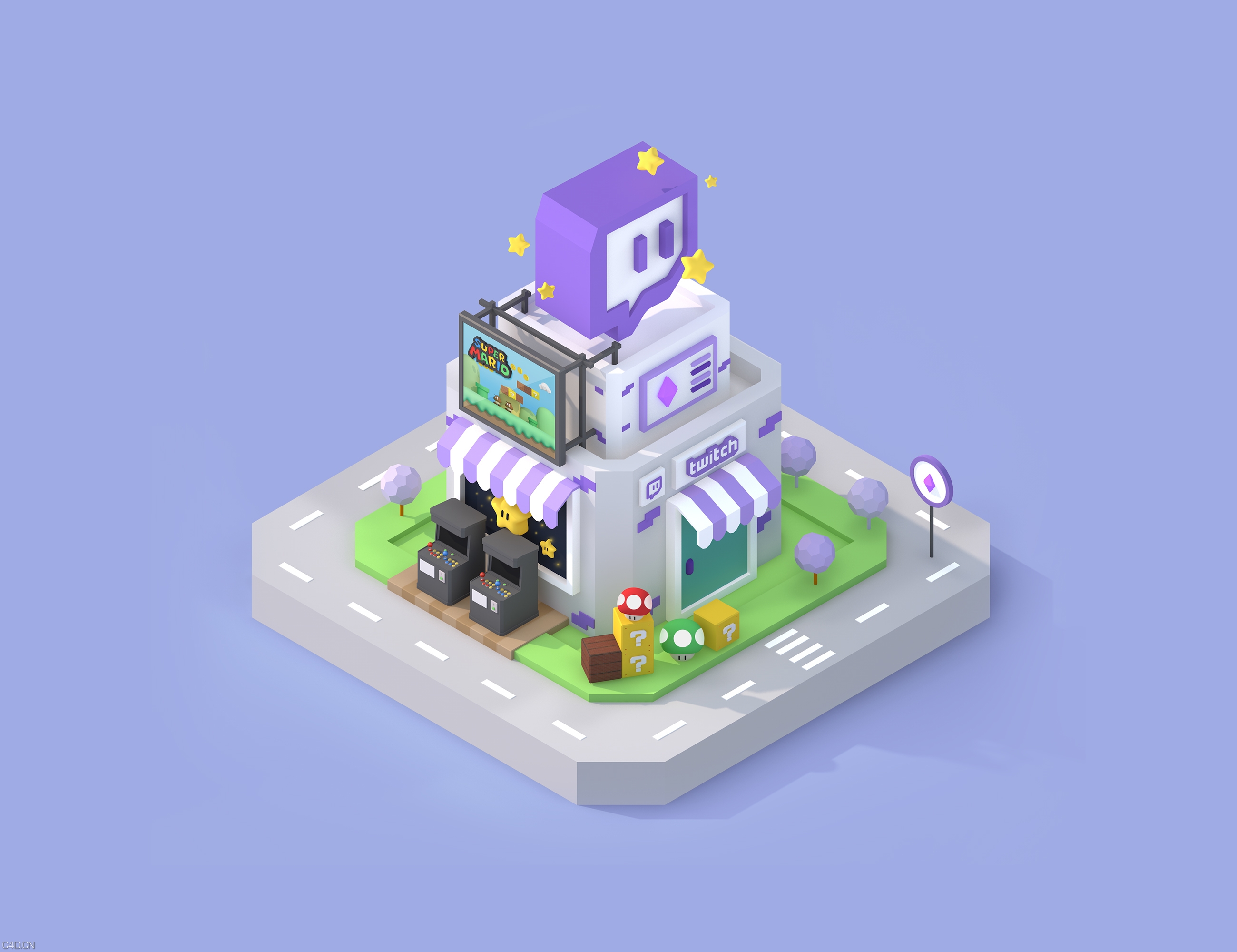 C4D卡通小场景 - C4D之家 - 卡通小镇--twitch