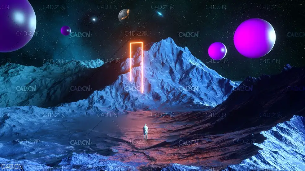 C4D Octane科幻外星地形地貌夜景工程 Night View Landscape