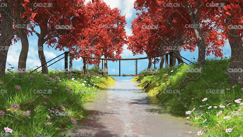 美丽的河流小桥场景工程 Cinema 4D Octane Beautiful Landscape