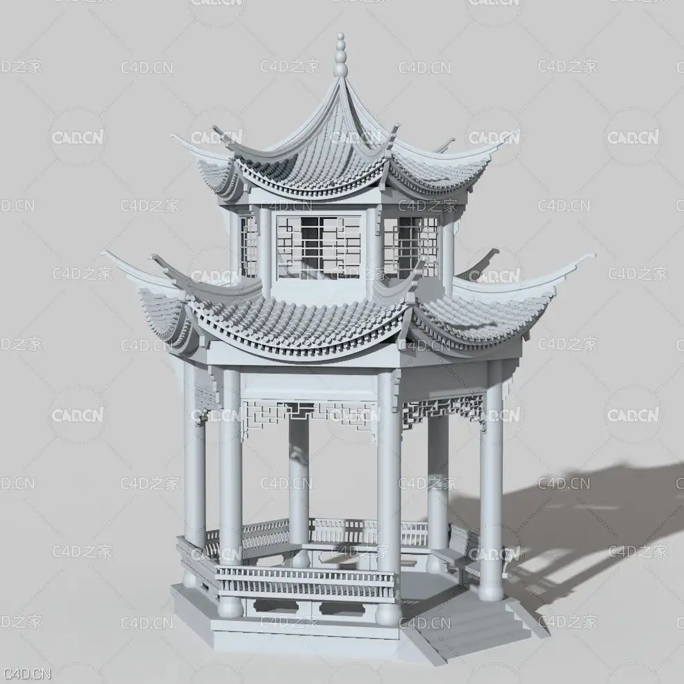 中式古建六角凉亭 亭子C4D模型 - C4D之家 - 凉亭.jpg