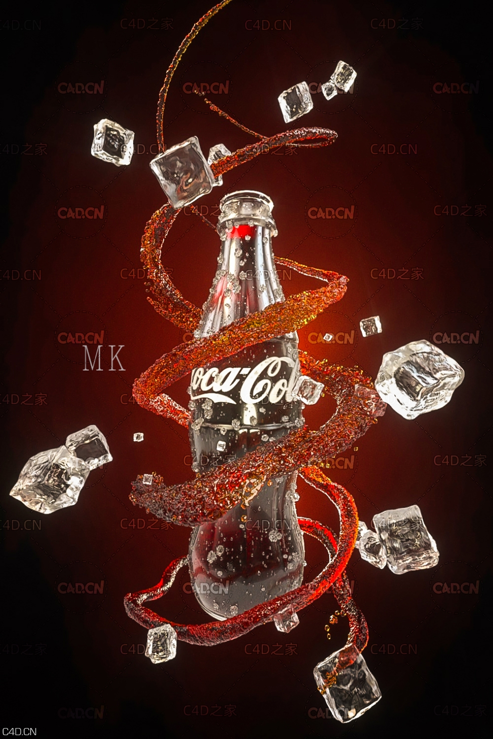 可口可乐流体海报广告C4D模型 流体 水注 水柱 冰块 水珠 海报广告 饮料