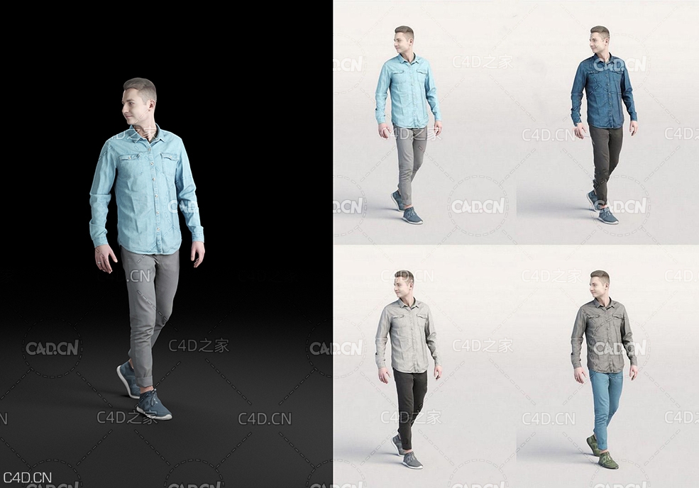穿衬衣的服装模特 时尚年轻男性走秀C4D模型 Humano Casual man walking and looking