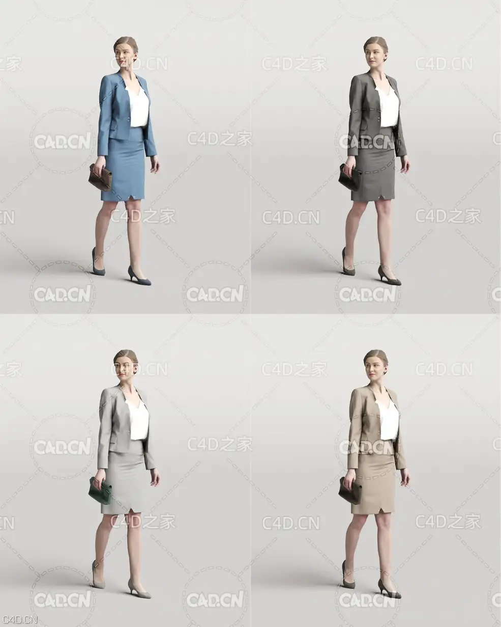穿职业装的短裙女性3D扫描模型 Elegant woman in suit walking and talking 3D model