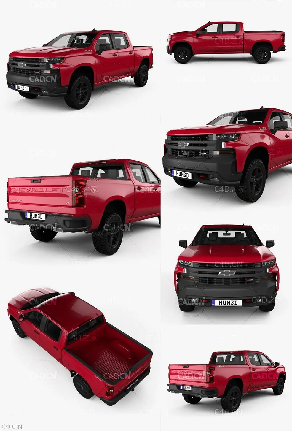 雪弗兰皮卡汽车C4D模型 Chevrolet Silverado Crew Cab 1500 LT Z71 Trail Boss 2018