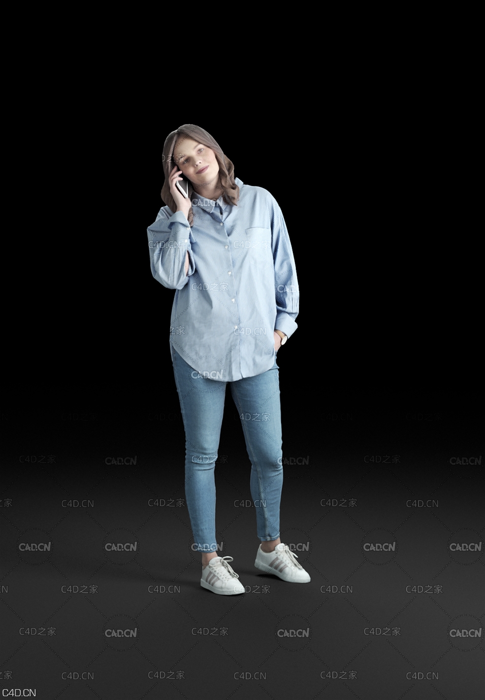 穿蓝色衬衫打电话的女性3D扫描人物模型