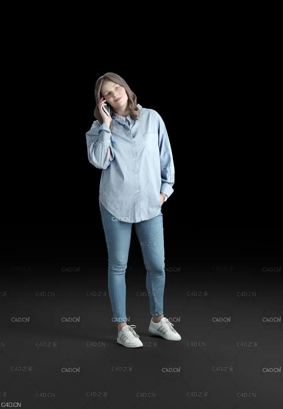 穿蓝色衬衫打电话的女性3D扫描人物模型