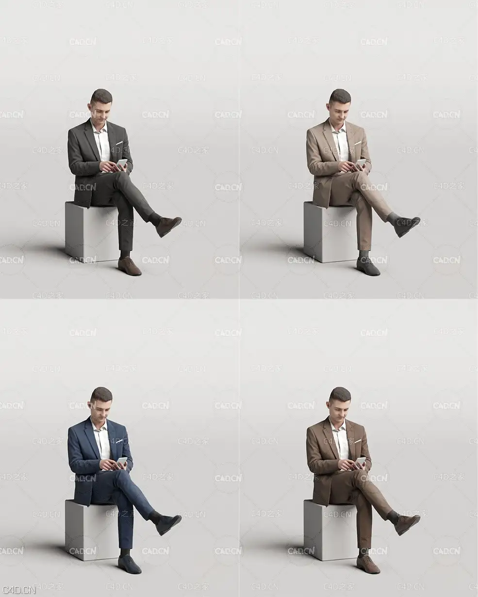 西装革履优雅男士坐着看手机3D扫描人物模型