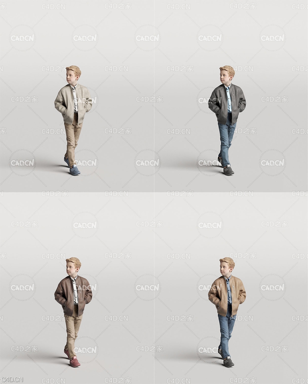 穿皮夹克插兜走路的国外男孩3D人物扫描模型 Child walking and looking 3D model