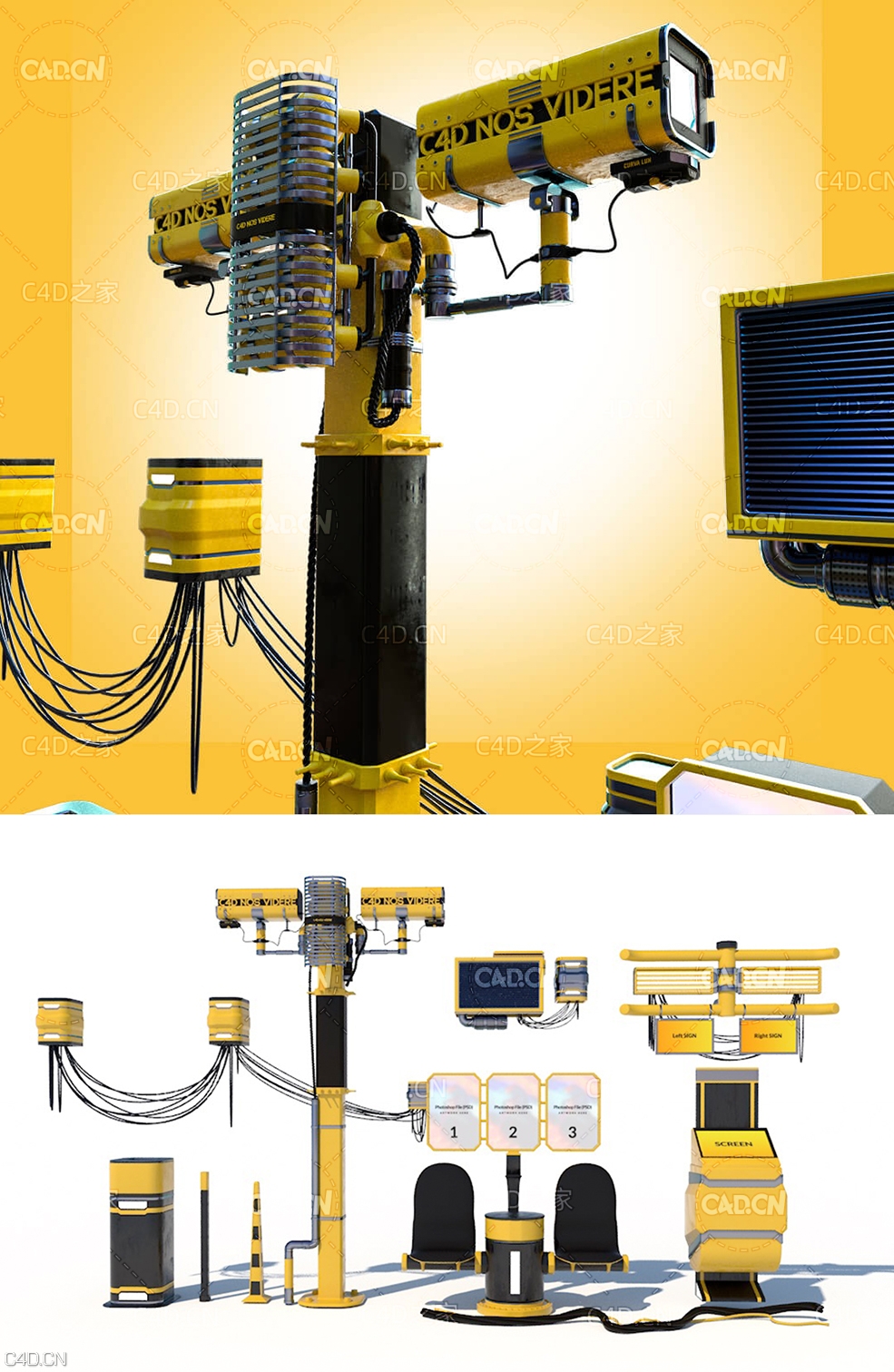 摄像头监控抓拍设备模型 CINEMA 4D 3D MODELS: CYBERPUNK KITBASH PACK