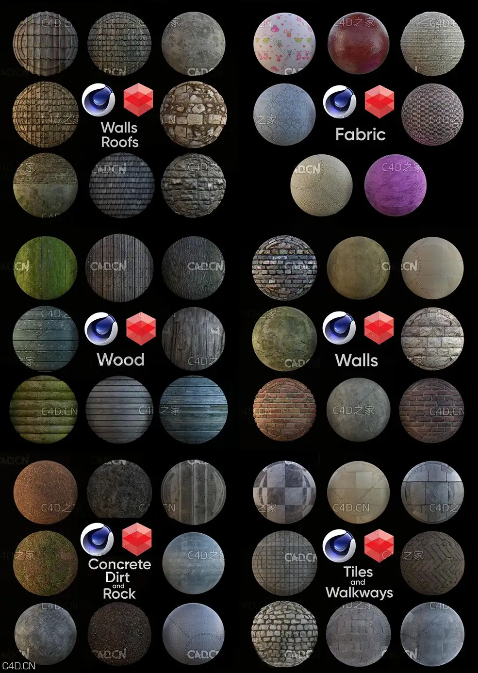 12种C4D红移材质预设 Redshift Rustic Material Pack 99 (Cinema 4d Only)