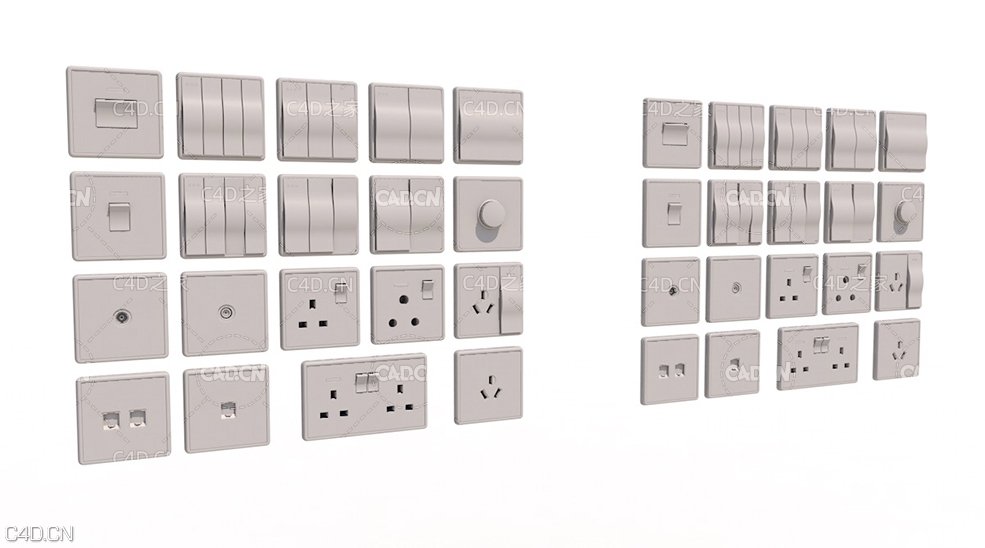38个墙壁开关和插座C4D模型 Scneme wall switches & sockets
