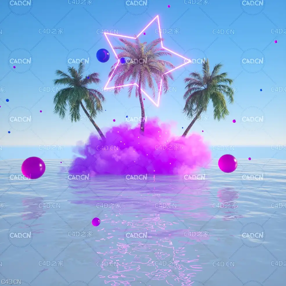 海洋烟雾中的椰子树 Octane Render Cinema 4D Create Cloud Landscape