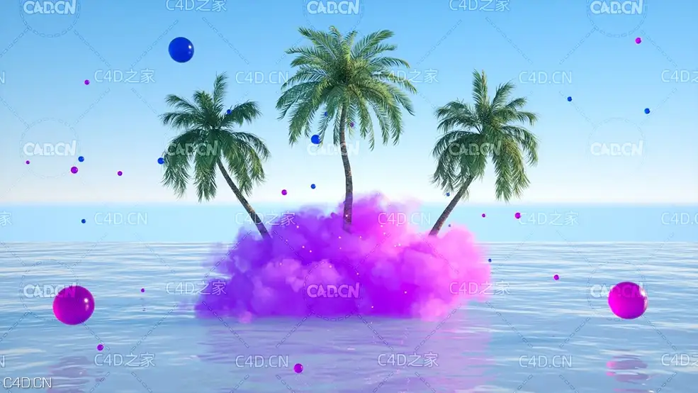 C4D制作海洋上雾团中的椰子树场景教程（含工程文件）