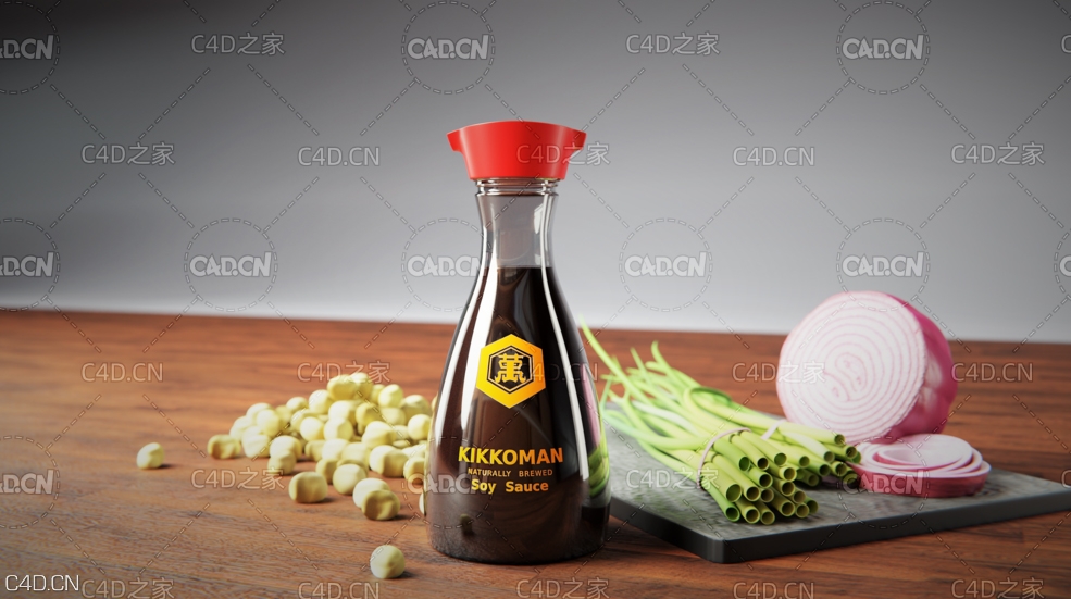 厨房调味料黄豆酱油 洋葱 Kikkoman Soy Sauce 3D-Scene