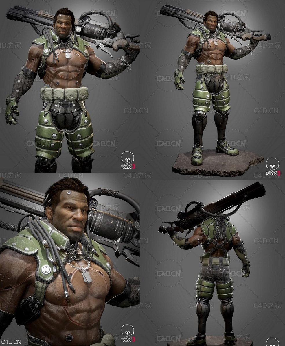 背武器的黑人战士 半人半机器的生物 Cyborg