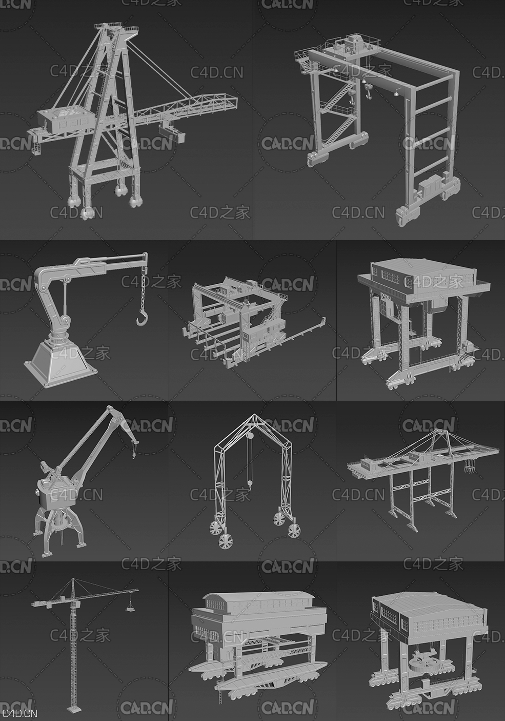 11个施工机械 起重装备3D模型合集(门式起重机 桥式起重机 施工升降机 吊车)