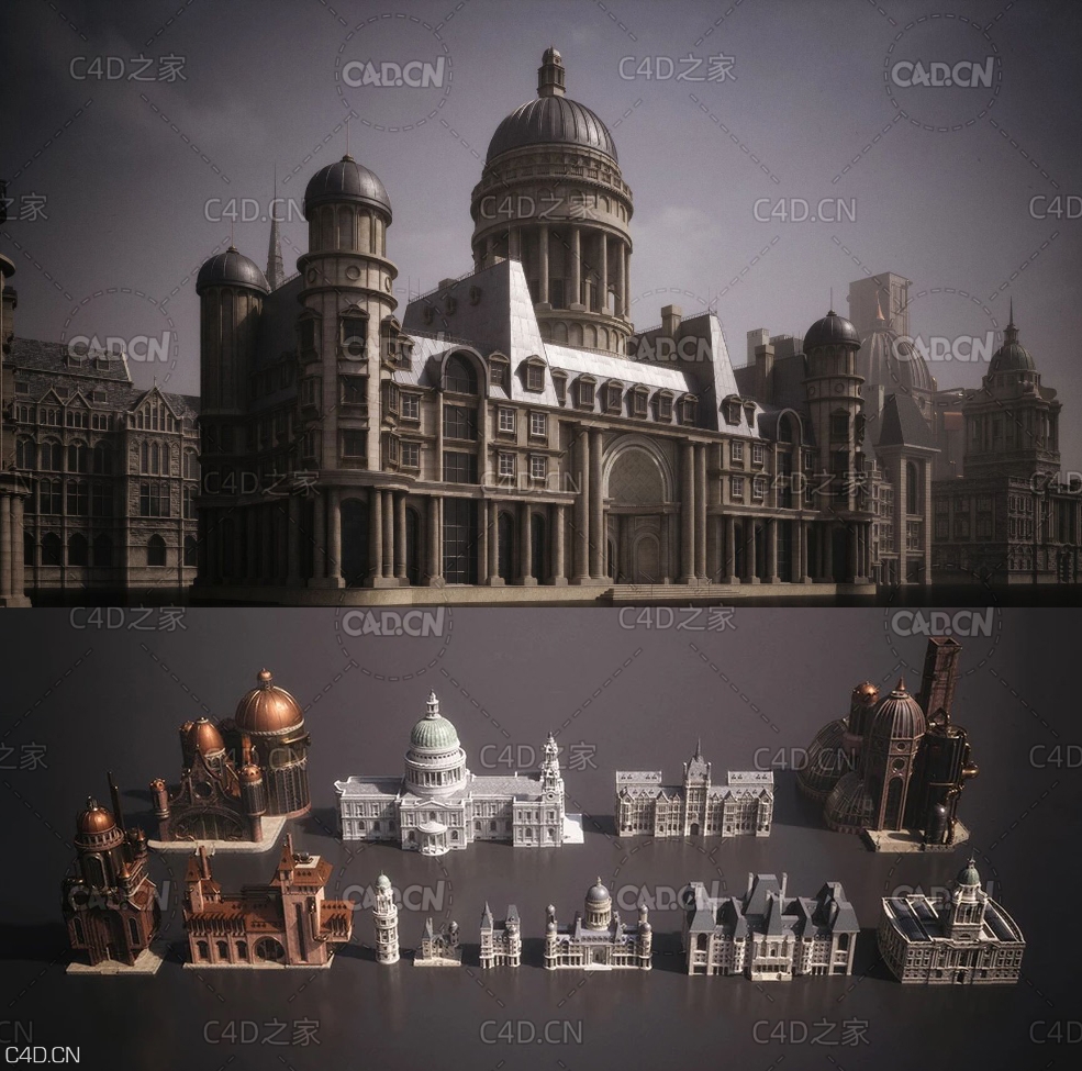 欧洲贵族城堡建筑C4D模型 KitBash3D Mini Kit Aristocracy