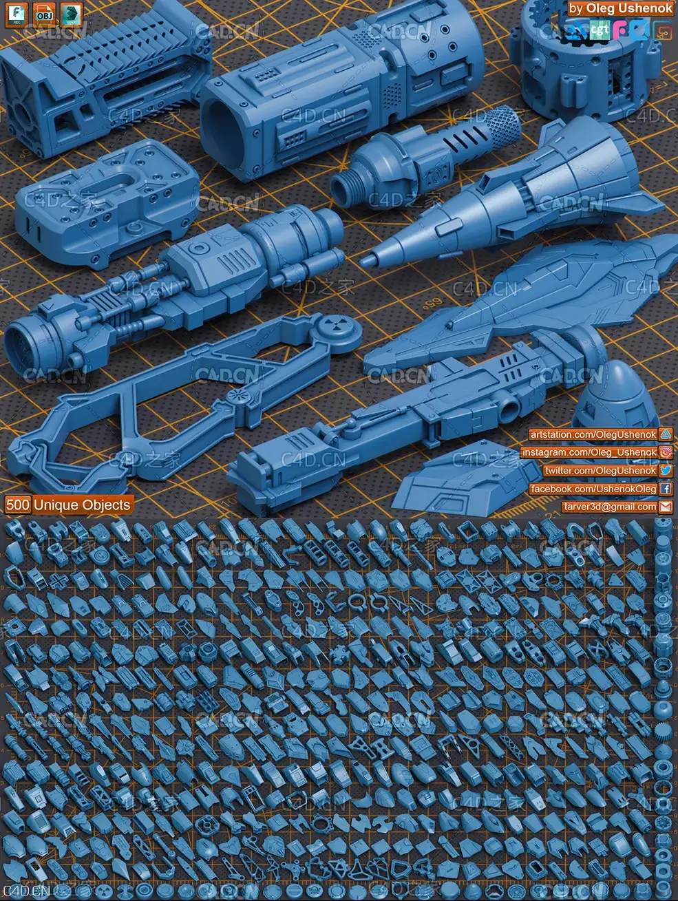 500组科幻硬面部件3D模型 Artstation – Mega Pack KITBASH 500 DETAILS