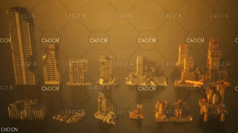 地震后倒塌的房屋 破损的建筑 废弃城市建筑 Mini Kit Post-Apocalypse - C4D之家 - MK_POSTAPOC_ProductShot_Sq_005_1600x.jpg-(1000×1000).jpg