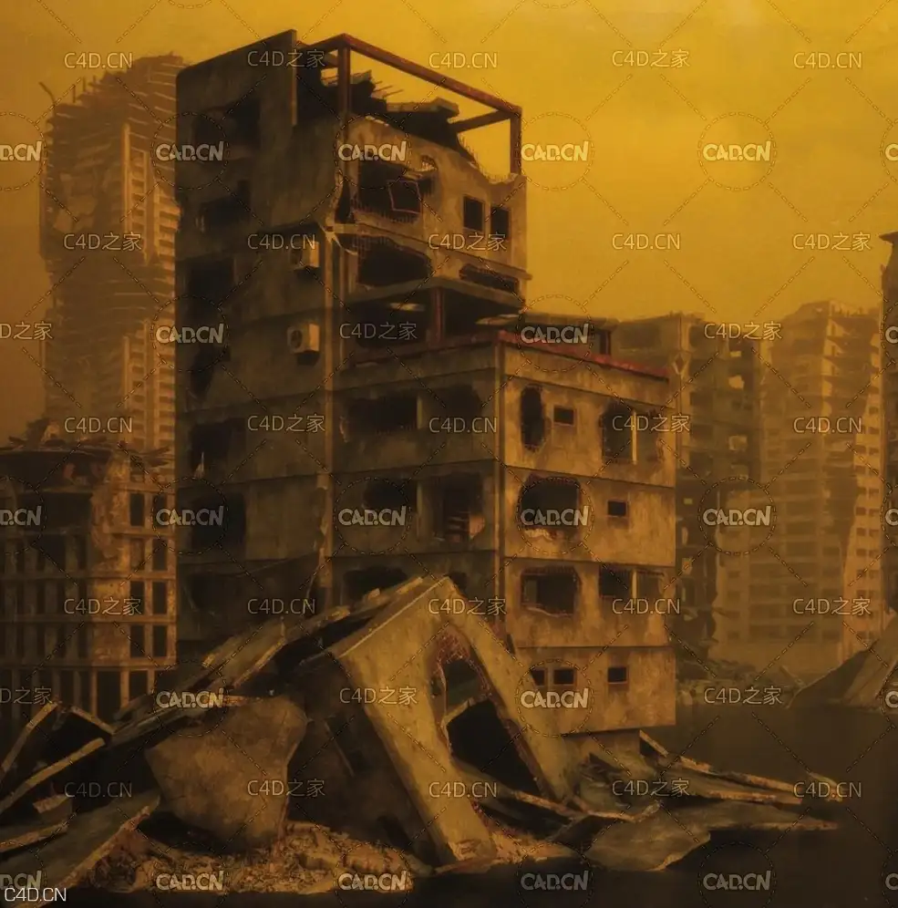 地震后倒塌的房屋 破损的建筑 废弃城市建筑 Mini Kit Post-Apocalypse - C4D之家 - MK_POSTAPOC_ProductShot_Sq_007_1600x.jpg-(1000×1000).jpg