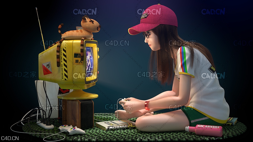 卡通小女孩玩游戏场景C4D模型 Gamer Yan-Ge