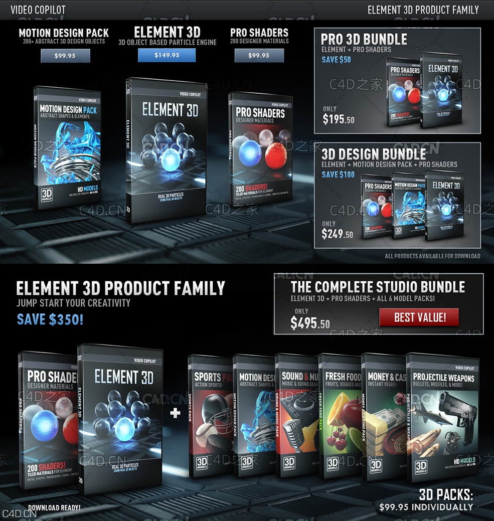 E3D子弹武器导弹模型 飞行装备 飞机 都市 武器 Video Copilot – Element 3D Packs