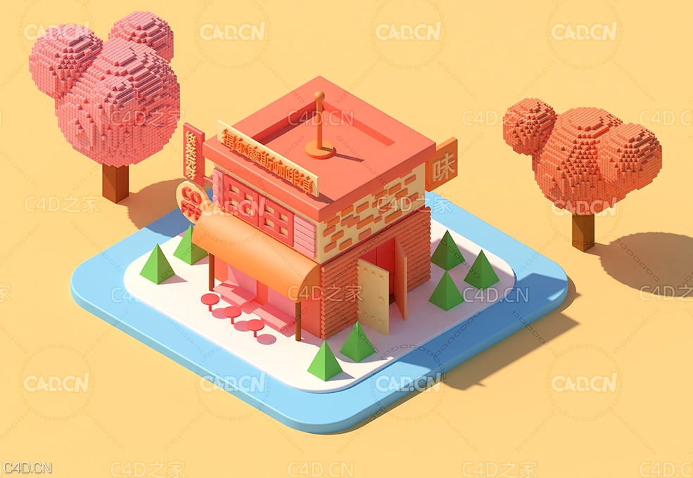 卡通像素房子店铺C4D模型