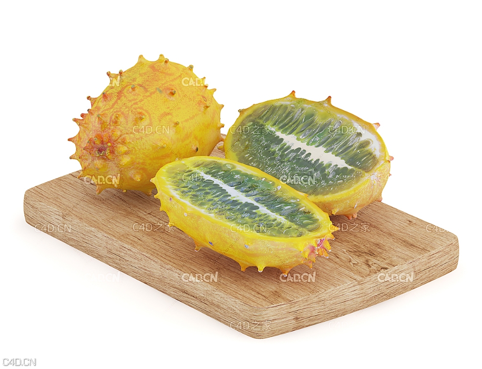 实木板上的半块刺角瓜C4D模型 金腰芒 火参果 火生果 火星果 热带水果 奇瓦诺果