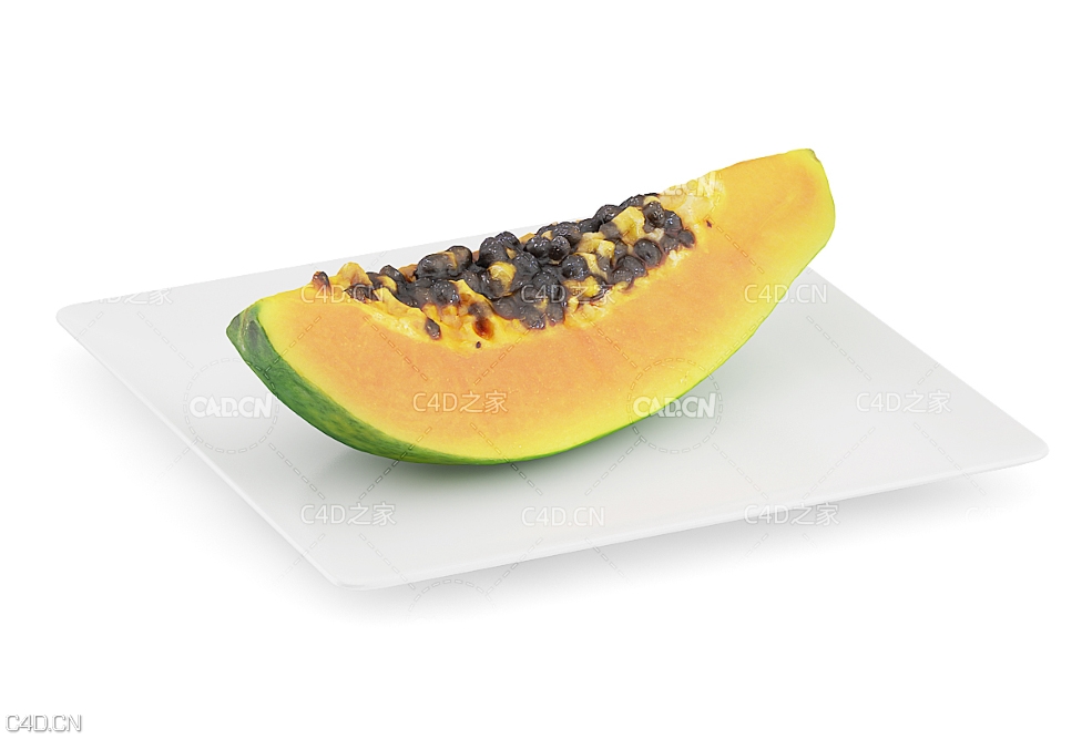 盘子里切开的一块木瓜C4D模型 Papaya